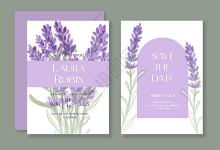 保存日期植物式的婚礼邀请模板 装有水彩拉班达和礼仪 贺卡设计图片