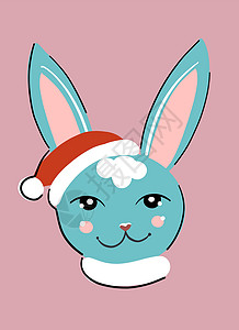 聪明蓝兔穿着圣诞老人帽子的可爱蓝兔 卡通风格的兔子头目设计图片