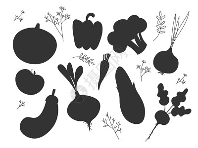 蒜茄子在白色背景上设置黑色剪影各种蔬菜 抽象设计标志 标识艺术-矢量 EPS设计图片