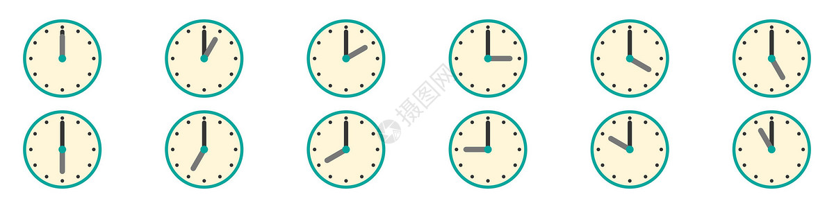 三馆一厅时钟矢量图标 有不同时间的监视器插画