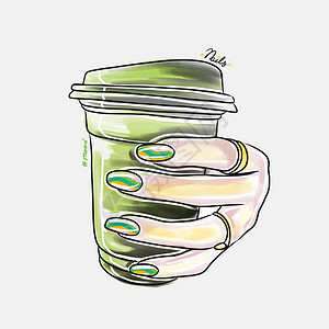 咖啡美甲素材长指甲的女用手握着一杯有咖啡和时装指甲设计的杯子海报女士抛光插图沙龙情绪女孩手指化妆品艺术设计图片