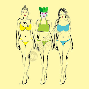 三海经3个漂亮比基尼女人的手画木板幸福数字假期晴天插图微笑身体海滩草图设计图片