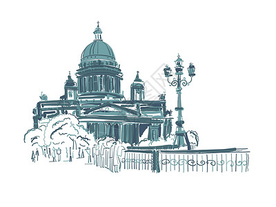 基耶萨俄罗斯圣彼得堡地标圣艾萨克大教堂 您的设计请使用 Sletch草图旅游景观建筑学公园纪念碑蓝色教会艺术插图设计图片