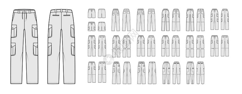 监视者们一套货物裤子 短裤 可自由转换的技术时装图示 用普通的低腰 高起 箱式标注设计图片