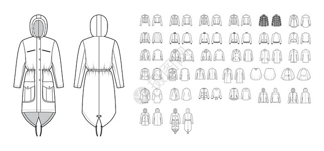 飞衣服一套夹克 外套 外衣技术时尚插图 带有超大 厚 罩领 长袖 口袋设计男生羊皮毛皮航班织物婴儿服饰大衣绘画设计图片