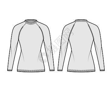 肩袖损伤渔夫毛衣技术时尚插图 带圆领 长插肩袖 合身 臀部长度 针织饰边女装织物袖子肋骨羊毛服饰针织品女士女性衬衫设计图片