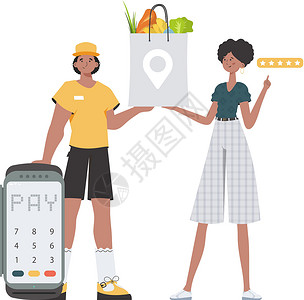 男的购物素材男信使拿着一个装有杂货的包裹 送货概念 孤立的 特伦迪平坦风格 矢量设计图片