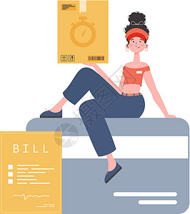 挑货物女孩女信使坐在一张银行卡上 拿着一个盒子 在家送货的概念 孤立的 卡通风格 矢量设计图片