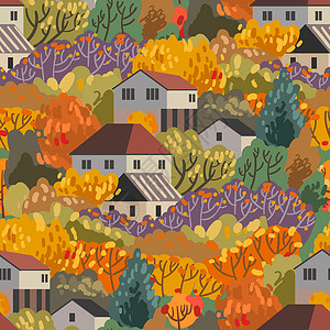 欧洲村庄秋天无缝图案 矢量图示与秋天的情绪打印墙纸插图花园建筑卡通片织物建筑学手绘树叶设计图片