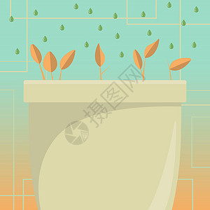 马桶堵了花草和草药由从上到下滴水冲刷 液体在大植物池中灌注 新鲜的种子强化了容器边缘的叶子园艺农业海报生长计算机环境创造力礼物绘画花盆设计图片