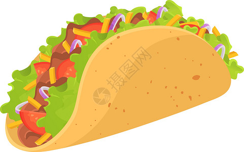 酸辣牛肉面美味的墨西哥炸玉米饼卡通插图孤立在白色背景上 牛肉面 西红柿 奶酪 洋葱 生菜 玉米饼配料设计图片