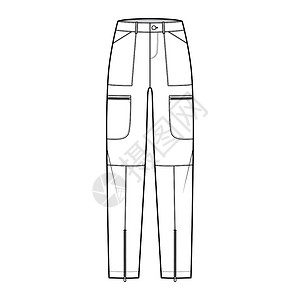 一套降落伞裤技术时尚图示 用正常腰部 起身 口袋 带环 全长度尼龙牛仔裤计算机腰带服装小样规格裤子孩子们女士背景图片