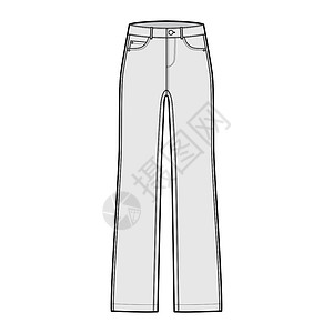 瑙里兹直接的Jeans Denim裤子技术时装图 全长 低腰 5个口袋 里维兹带环绘画纺织品蓝色女孩们棉布女性设计牛仔裤男人规格设计图片