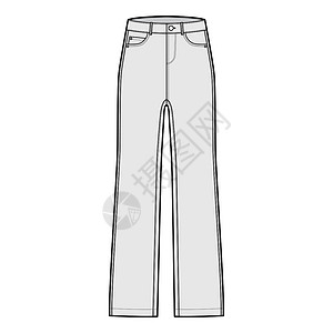 Jeans Denim裤子技术时尚插图 全长 低腰 上升 5个口袋 里维兹 带环规格慢跑者蓝色加油机小样服饰绘画女性孩子们腰部设计图片