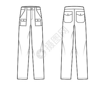 布什维尔德布什的裤子Denim裤子技术时尚说明 腰部低 上升 补丁套装货袋 全长度孩子们规格设计服装女性女孩们计算机绘画牛仔裤衣服设计图片