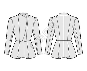 长外套Peplum hem 夹克技术时装插图 配有合身的体型 长盖子袖 衣领开口衣服草图袖子大衣男生外套男人艺术服饰设计设计图片