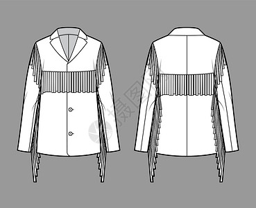 皮革衣服西方夹克技术时装插图 有边缘 超大 长袖 戴标记的项圈 打开按钮衣服草图设计袖子大衣服饰衣领绘画航班小样设计图片