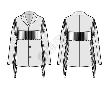穿大衣的女孩西方夹克技术时装插图 有边缘 超大 长袖 戴标记的项圈 打开按钮大衣外套女性小样纺织品织物棉布女士衣服袖子设计图片