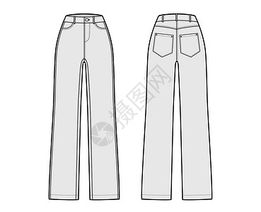 jeans直径的Jeans Denim裤子技术时尚图 全长 正常腰 高身 5个口袋 里维特人孩子们工装裤女士设计草图棉布衣服加油机服饰男人设计图片