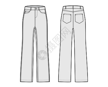 尼亚斯维兹Jeans Denim裤子技术时尚插图 全长 低腰 上升 5个口袋 里维兹 带环设计纺织品加油机腰部绘画男人女性服饰女孩工装裤设计图片