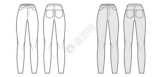 紧身裤Jeggings 技术时尚插图 标准腰围 高腰 全长 斜口袋 平底裤设计图片