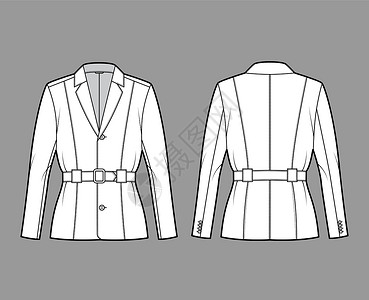 穿夹克女人带带式夹克技术时装插图 带子 大尺寸 长袖 戴有标记的项圈 打开按钮衣服女士壁橱航班棉布衬衫男人袖子运动外套设计图片