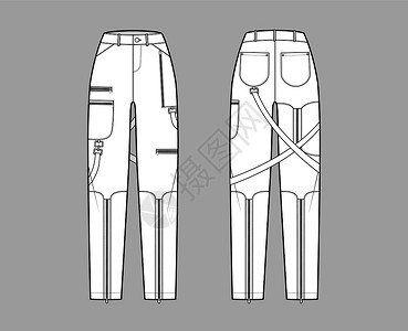 硬装施工用正常腰部 高身 口袋 带环 全长度平底图解的硬裤裤子技术时装说明腰带设计服装衣服女士计算机纺织品女孩小样棉布设计图片