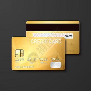 店铺品牌形象样机矢量 3d 逼真的金色空白信用卡隔离 用于样机 品牌的塑料信用卡或借记卡设计模板 信用卡付款概念 正面和背面银行通信商业小样代码设计图片