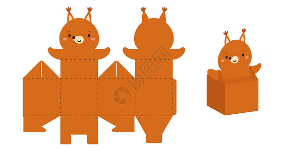动动物与素材简单的包装盒松鼠设计 适合糖果 糖果 小礼物 用于任何目的 生日 迎婴派对的派对包模板 打印 剪裁 折叠 粘合 矢量股票图包装动设计图片