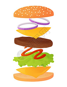 芝士热狗棒经典的汉堡配料层层叠叠 包含芝麻面包 牛肉排或肉 奶酪 生菜 番茄酱 洋葱圈 快餐的概念 在白色背景上孤立的平面卡通风格的股票矢设计图片