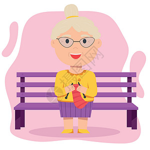 慷慨的坐在长椅上坐着的祖母编织设计图片
