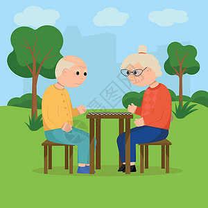 城市公园祖父母在公园里玩跳棋 老年人 平方矢量图设计图片