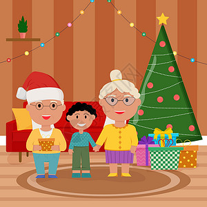 圣诞节家庭派对家庭站在圣诞树附近并装饰 祖父母祝贺他们的孙子 他们向外孙子表示祝贺展示孩子帽子男人客厅养老金祖母母亲卡通片插图设计图片