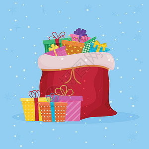礼袋设计圣诞礼物袋打开的圣诞老人带礼物秘密假期设计展示魔法平面包装礼日玩具磁带设计图片
