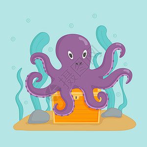 百宝箱章鱼守护着一箱金子 水下世界设计图片