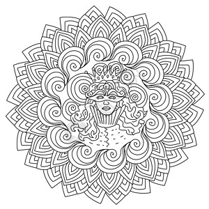 力拓童真曼达拉彩色页面 中央和王冠上有女性肖像摘要 节日节轮廓插图设计图片