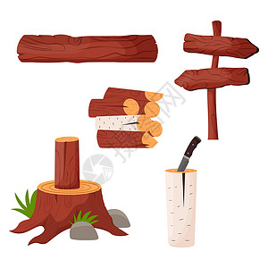 木材图标原木和树干 木木材材料原木 树干 树桩 木柴 木板 平面矢量图设计图片