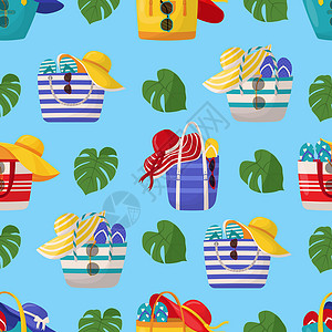 热带图案配有海滩附件的多彩妇女夏令袋 无缝模式海洋凉帽星星帽子假期太阳镜鞋类手提包配件热带设计图片