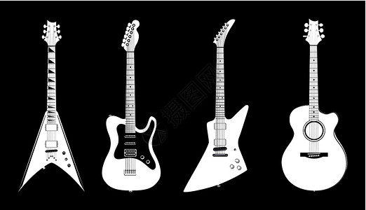 矢量电吉他声波和电吉他白色 - 以黑色隔离的矢量插图设计图片