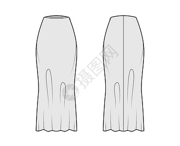 丰满的女人裙长斜裁技术时尚插图 最大长度轮廓 半合身丰满底部模板草图绘画蕾丝设计衣服牛仔布小样男人织物孩子们设计图片