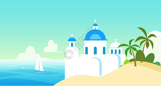 蓝色旅游宣传单希腊海岸附近教堂的矢量自然地貌图示 环境图设计图片