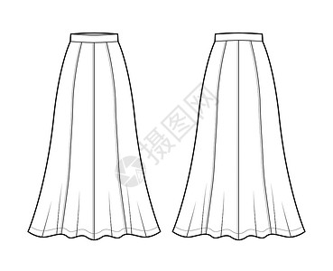 掀裙子脚踝长 半圆形全身 半圆形底部的 时装图示计算机织物小样服装绘画喇叭形女士运动草图设计图片