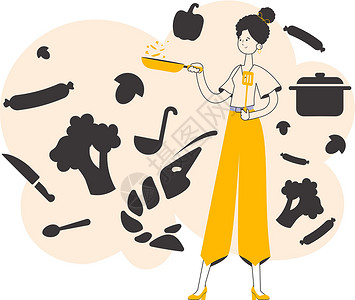 女厨子拿着煎锅 线性现代风格设计图片