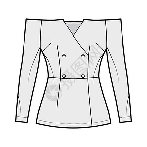 女式西装配有装配的光轮 长袖 按钮开关的脱肩双式双乳顶级技术时装插图外套衬衫女性服饰夹克办公室绘画纺织品男人服装设计图片