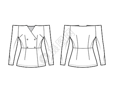 穿夹克女人配有装配的光轮 长袖 按钮开关的脱肩双式双乳顶级技术时装插图小样服饰衬衫女孩丝绸脖子棉布绘画身体纺织品设计图片