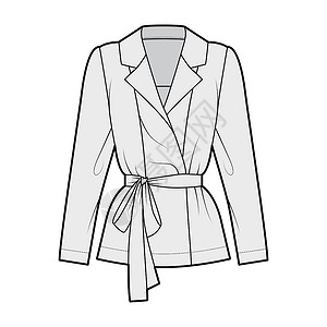 女式西装配带双乳双胸穿衣衬衫技术时装插图 用宽松的紧身戴针领 长袖袖子织物棉布服装设计丝绸男性计算机服饰外套设计图片