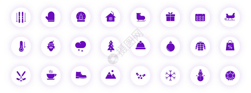 冬季紫色轮廓图标上带有紫色阴影的浅色圆形按钮 用于 web 移动应用程序 ui 设计和打印的冬季矢量图标集图片