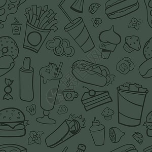 苏打汽水快速食品图画无缝模式 有暗底背景的线性艺术糖果香肠沙拉叶土豆奶昔餐厅热狗小吃午餐盘子设计图片