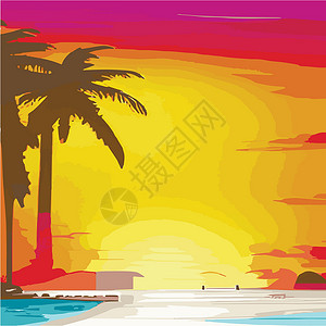 海上升明月复古棕榈树海滩 具有阳光渐变的抽象背景 棕榈树剪影卡通平面全景景观 日落与棕榈树彩色背景暑假 日出或日落派对城市棕榈椰子沙漠太阳设计图片