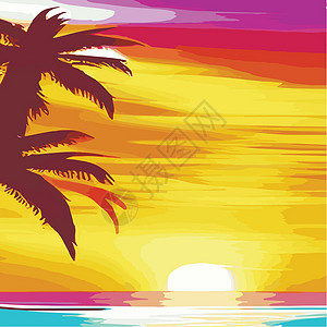 马尔代夫满月岛复古棕榈树海滩 具有阳光渐变的抽象背景 棕榈树剪影卡通平面全景景观 日落与棕榈树彩色背景暑假 日出或日落太阳棕榈标语紫丁香场景插设计图片